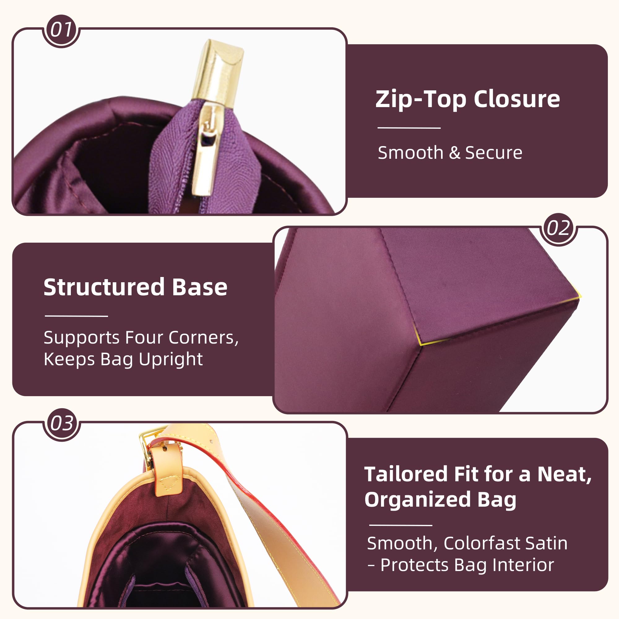 DGAZ Organizador de bolso de satén para Carryall BB/PM/MM – con cierre superior de cremallera, inserto interior ligero y suave, con protección completa (Cassis, BB)