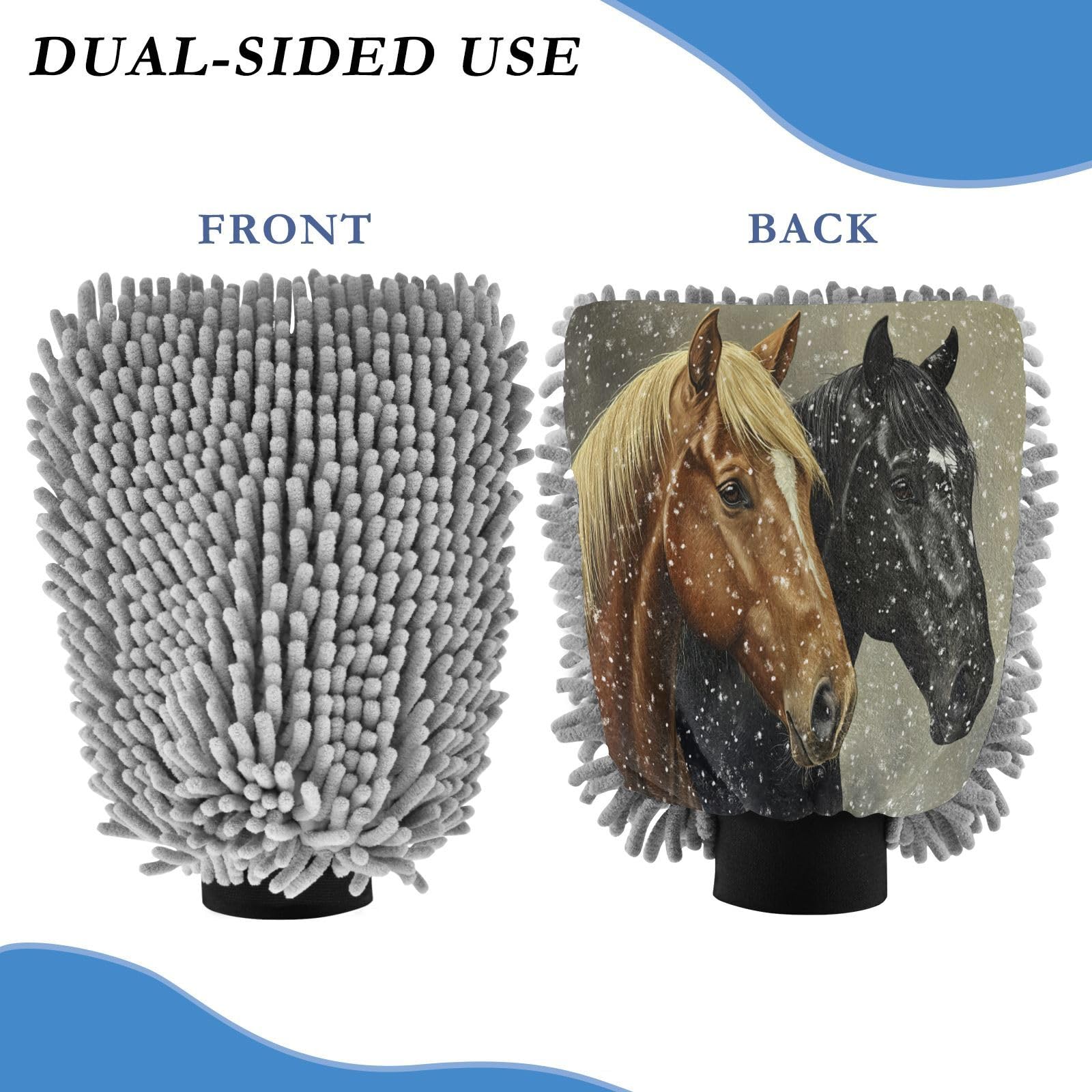 STAYTOP Two Horses Car Wash Mitt Microfiber, 2Pcs Scratch Free Lint-Free, Premium Chenille Microfiber Mitt Car Wash Brush-L