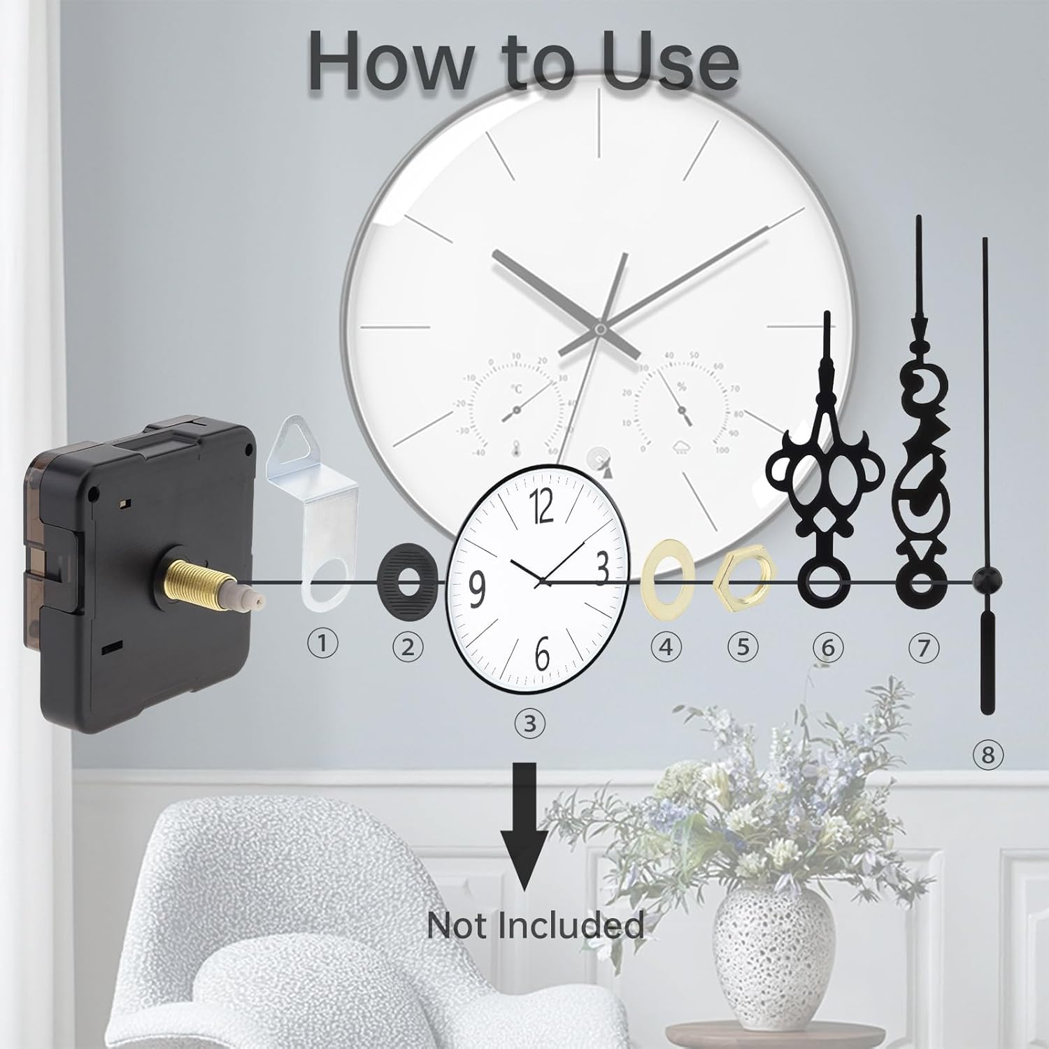 18mm (11/16 inch) Shaft Length Quartz Battery Operated Silent Clock Movement Mechanism, 11mm (7/16inch) Thread Length for Clock Repair/DIY with 7 cm (2.75 inch) Black Hands