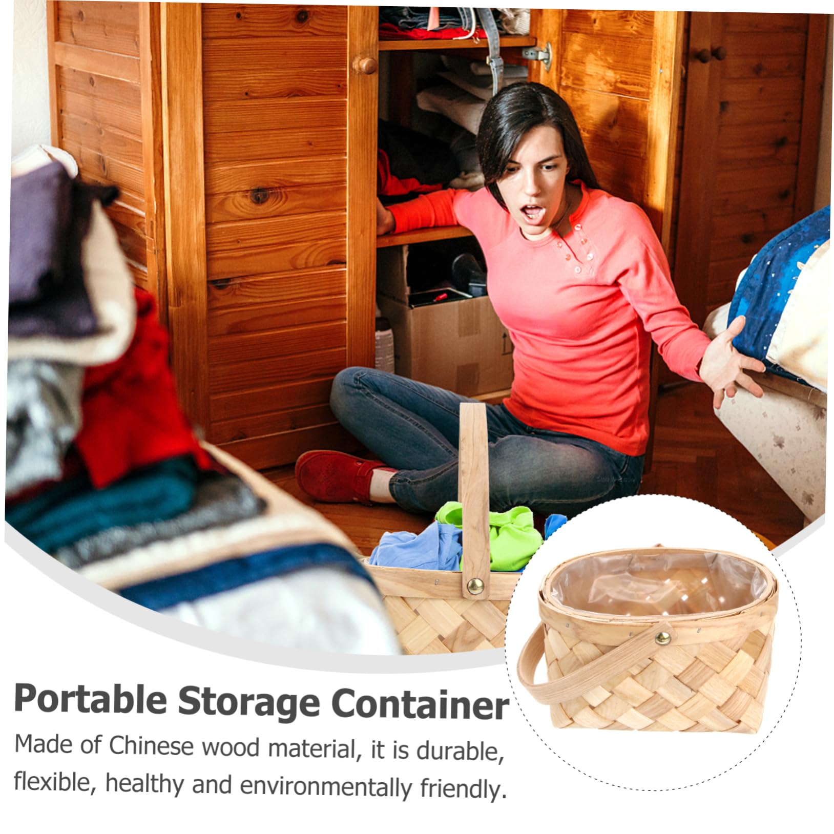 ERINGOGO Portable Wooden Woven Storage Basket with Handle Medium Rattan Container for Home Organization Houseware for Snacks and Sundries