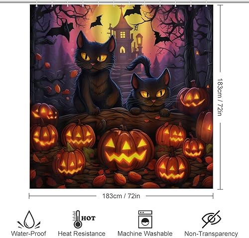 Miniatura 10 de Juego de 4 cortinas de ducha para baño, diseño de gato negro y luna llena, tapete de baño en forma de U, tapete ovalado para tapa de inodoro, otoño,