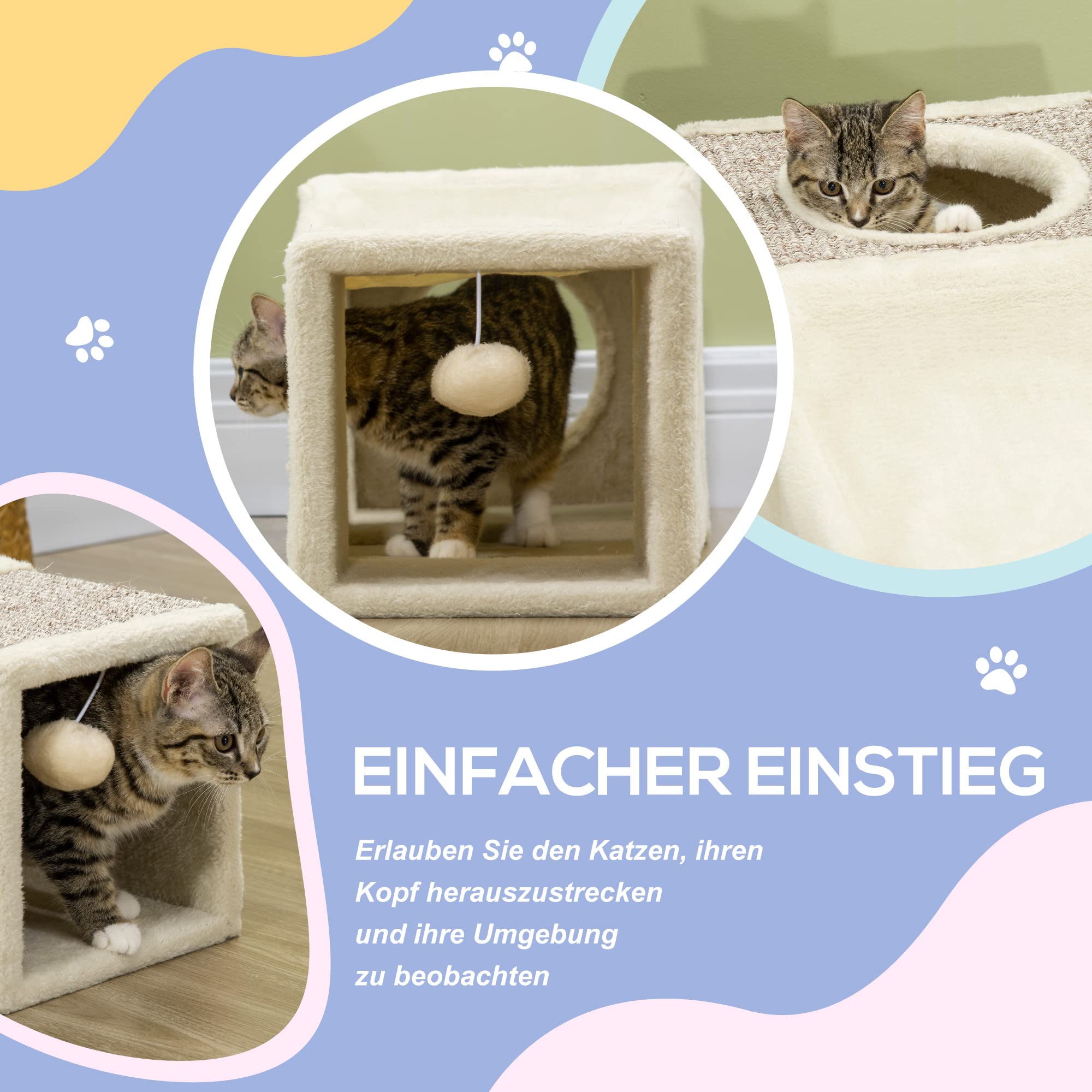 PawHut Katzentunnel Faltbar Katzenspielzeug mit Ball, Katzenhöhle Rascheltunnel Spieltunnel für Katzen 98 x 30 cm Braun+Beige