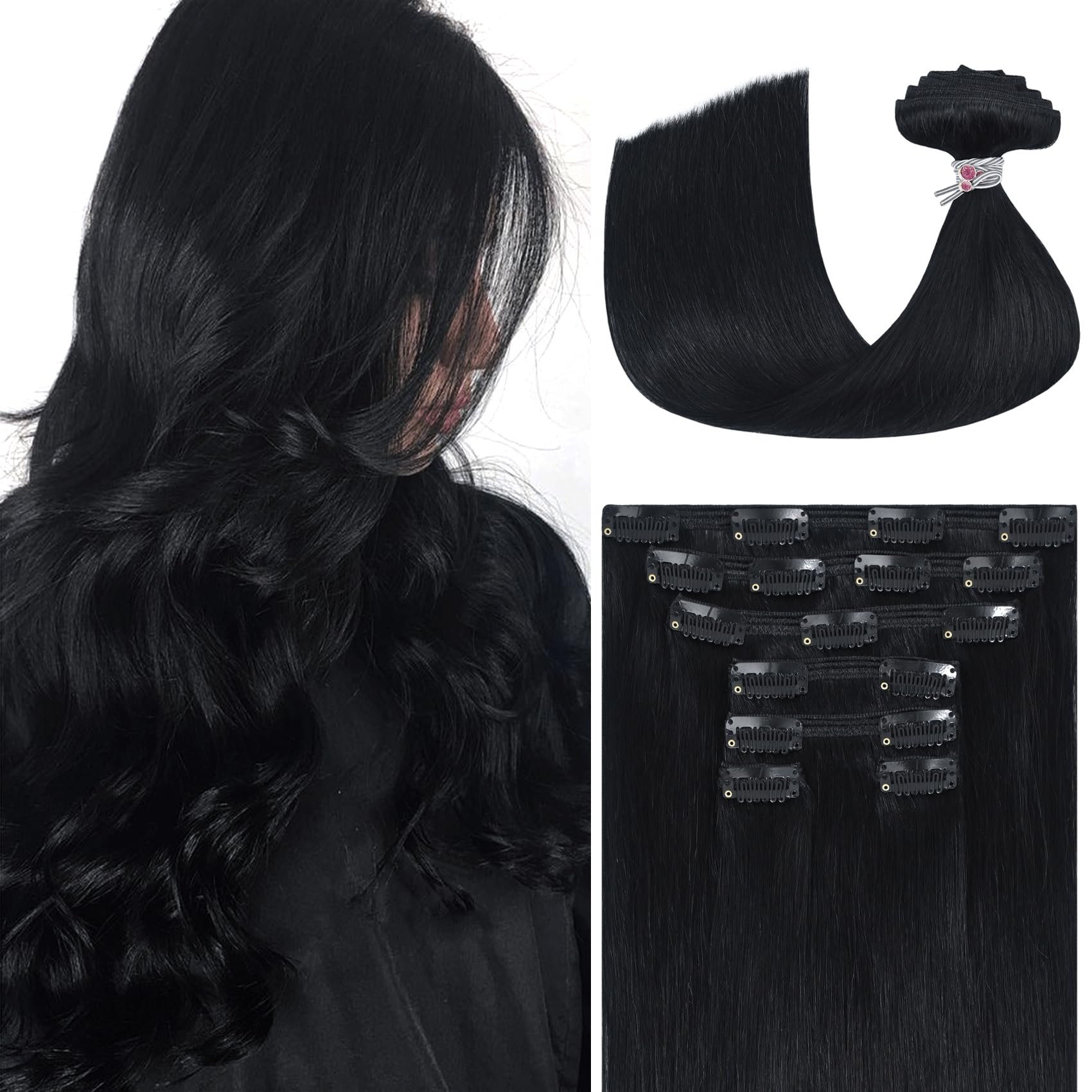 Ukira Black Hair Extensions Real Human Hair, 14 Inch 120g 7pcs #1 Jet Black Human Hair Extensions Clip ins, Natural Soft Straight Remy Human Hair Clip