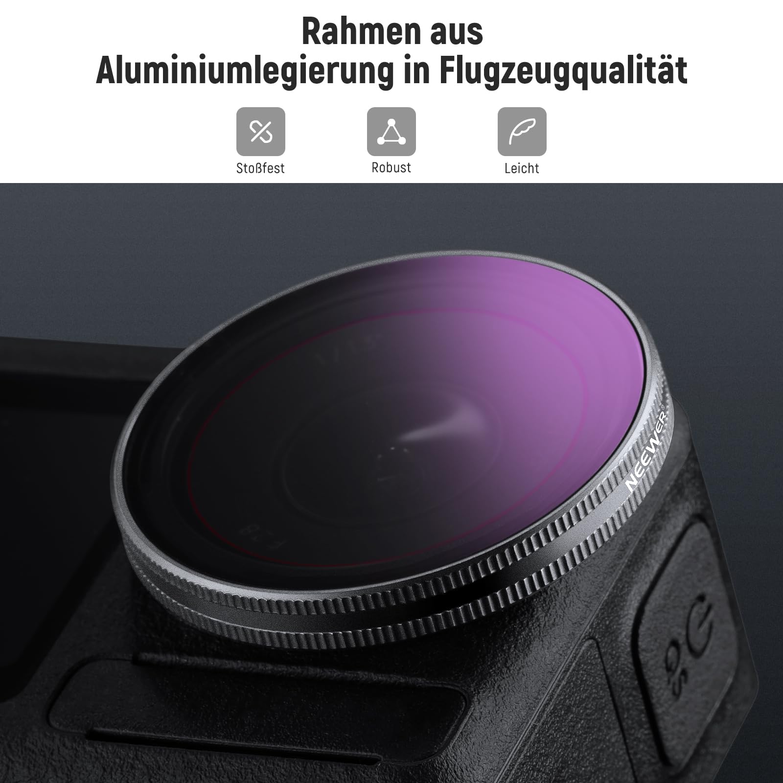 NEEWER ND Filter Set kompatibel mit DJI Osmo Action 5 Pro/4/3, 4er Pack mehrfach beschichtetes optisches HD Glas Snap On ND8/ND16/ND32/CPL Graufilter Polfilter, Actioncam Zubehör mit 2x Reinigungstuch