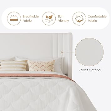 SHA CERLIN King Velvet Upholstered Bed Frame, Wingback Headboard, White