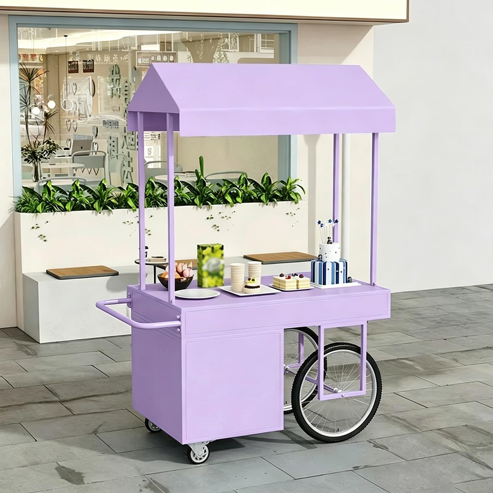 Mobile Food Stand with Canopy, Heavy-Duty Iron Vendor Cart Lockable Wheels, Perfect for Farmers Market, Street Food & Dessert Events