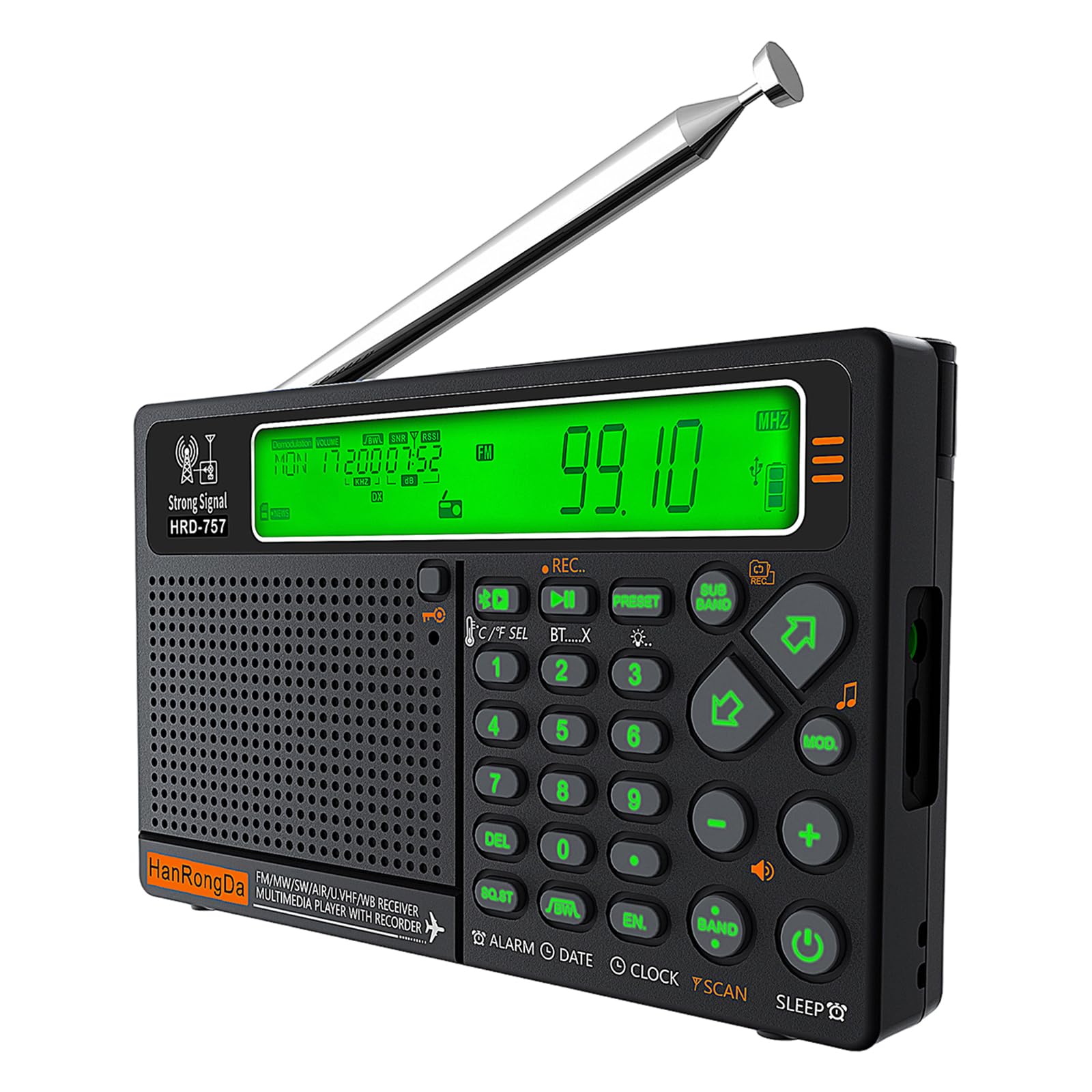 Radio de banda mundial AM/FM/SW de 2500 mAh, radio de onda corta de onda larga con pantalla LCD, compatible con tarjeta BT TF linterna para el hogar al aire libre