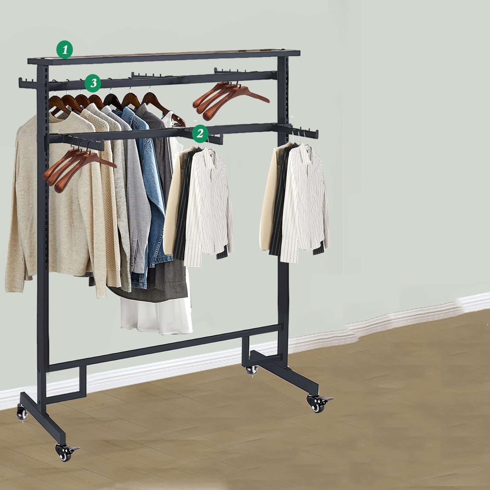 Organisateur de vêtements de garde-robe à roulettes avec double tige réglable 120cm