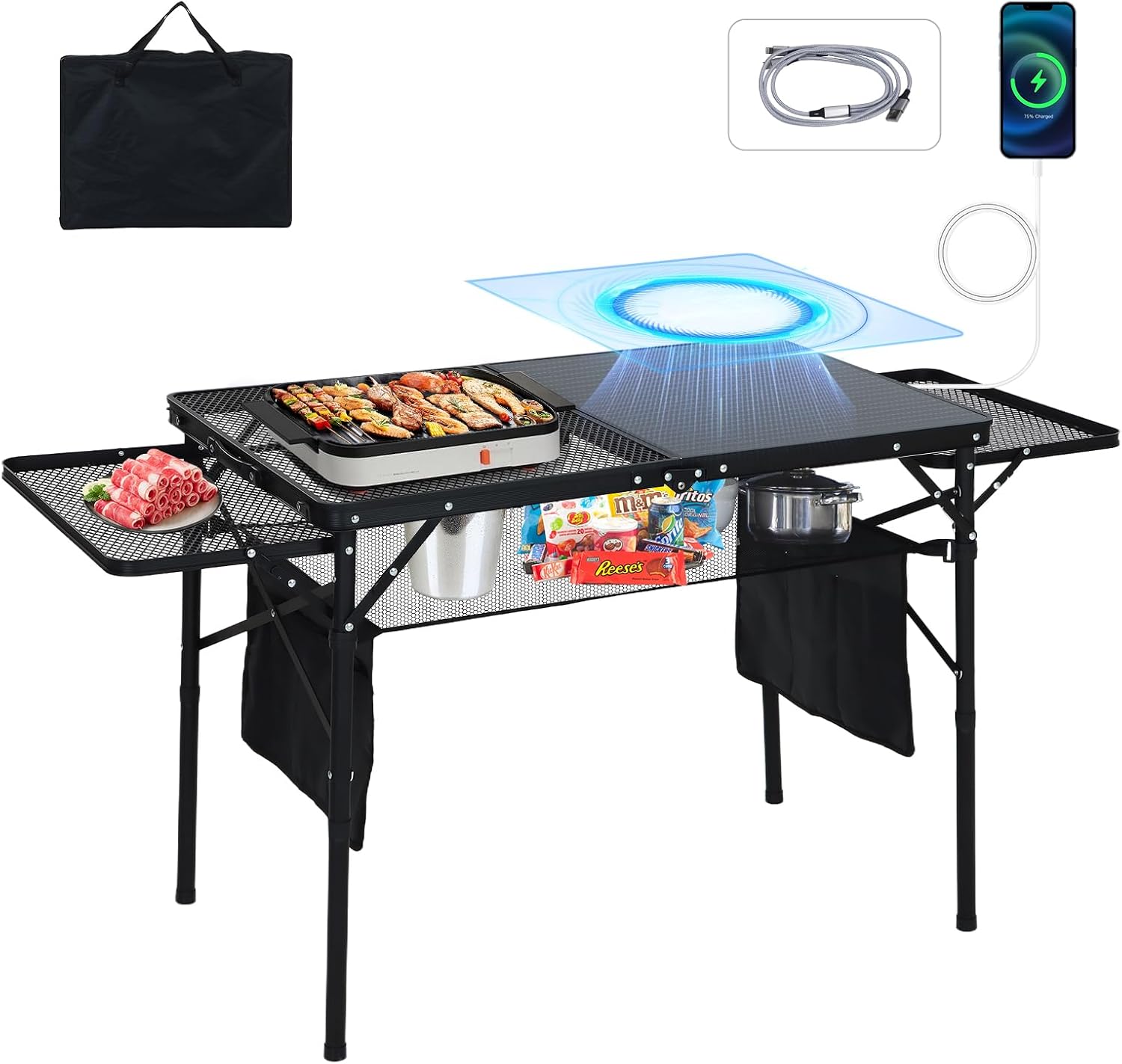 Camping Table, Folding Table, Solar Panel Table, Outdoor Table, 42W Portable Solar Phone Charger, USB, Type-C & DC Outputs, Height Adjustable, Black