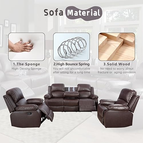 Miniatura 4 de Juego de muebles de cuero regenerado para sala de estar, juego de sofá reclinable de dos plazas en sala de estar, sofá reclinable (3 piezas, marrón)