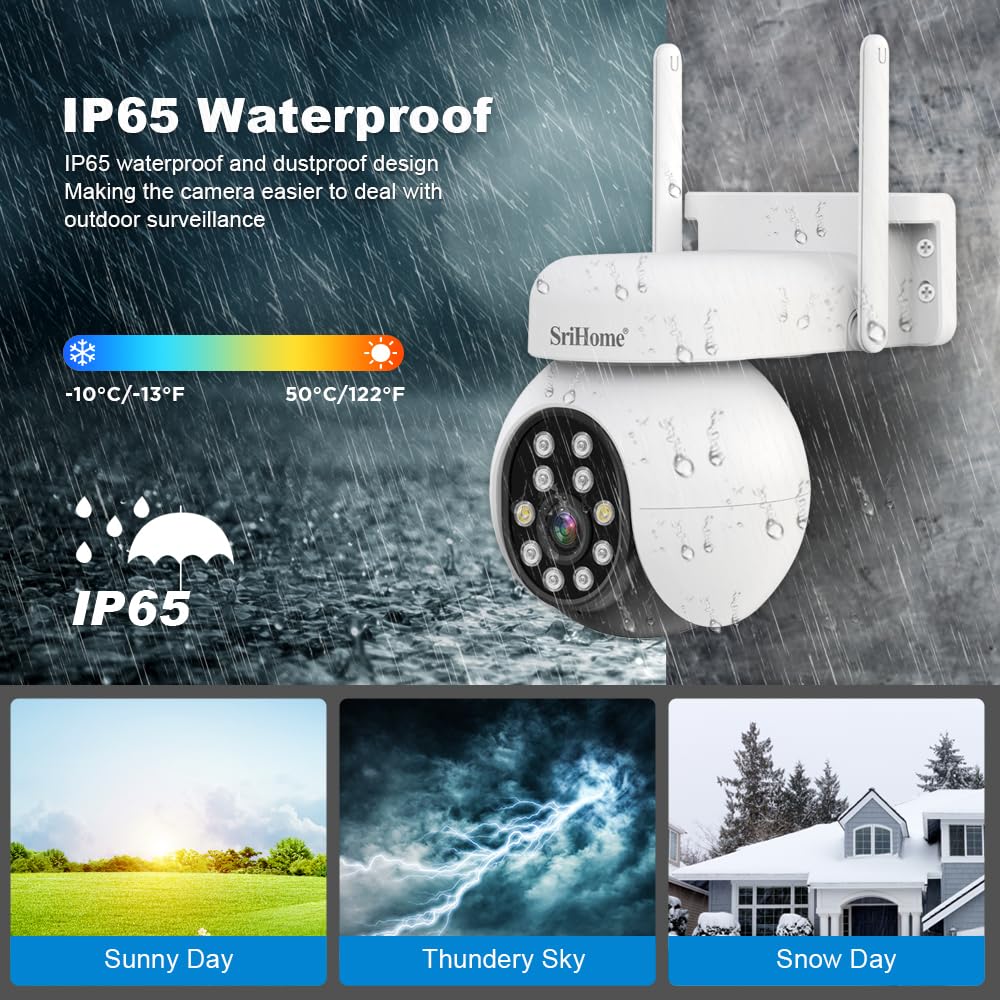 SRIHOME 5MP HD PTZ kamera monitorująca, wykrywanie ludzi, śledzenie ruchu, alarm dźwiękowy i jasny, dwukierunkowy dźwięk, do użytku na zewnątrz/wewnątrz