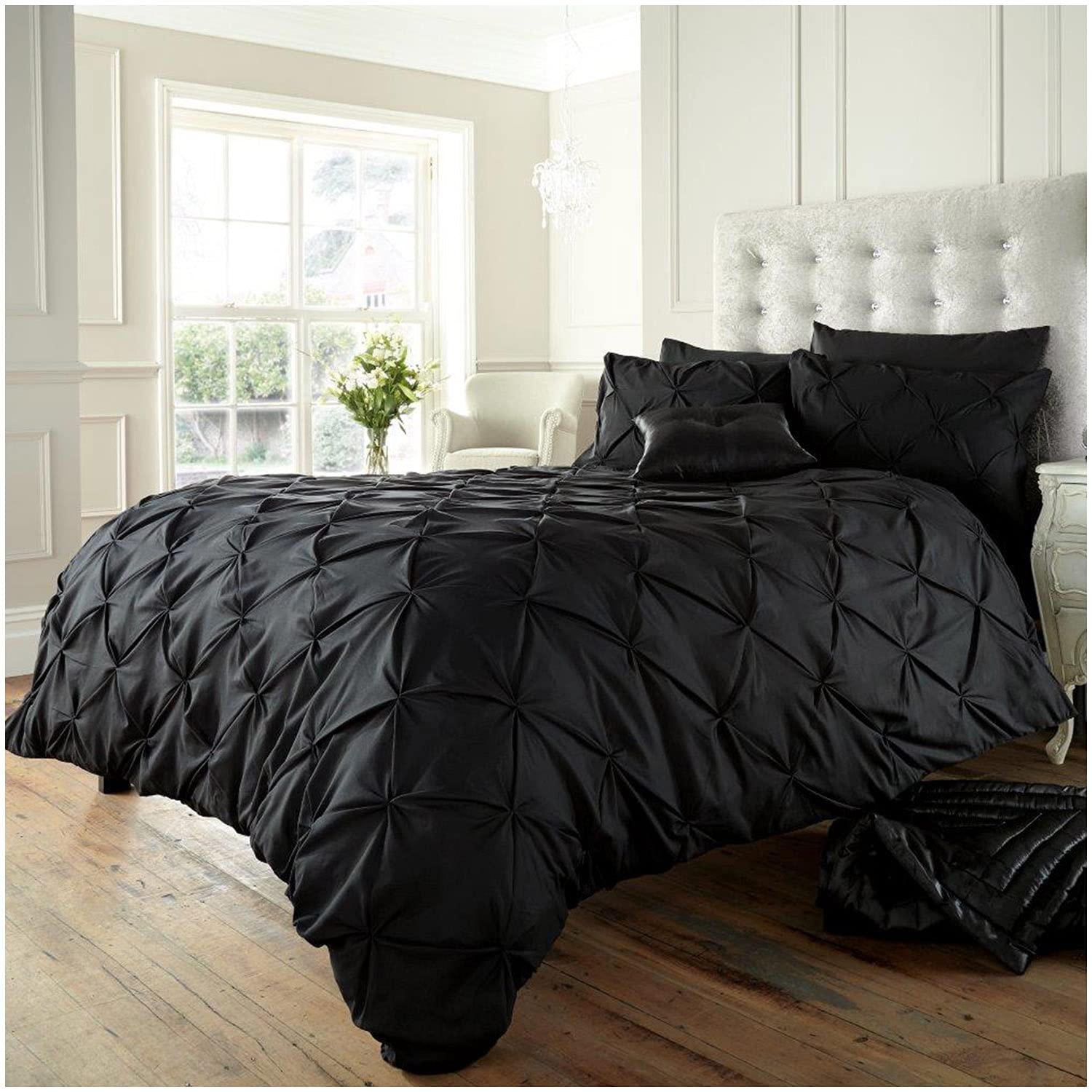 GC GAVENO CAVAILIAPintuck Pleated Bedding Pinch Comforter Set Pleats Bed Covers, Luxury Hypoallergenic Soft & Cosy Polycotton Diamond Double Duvet Set With Pillowcases, Black