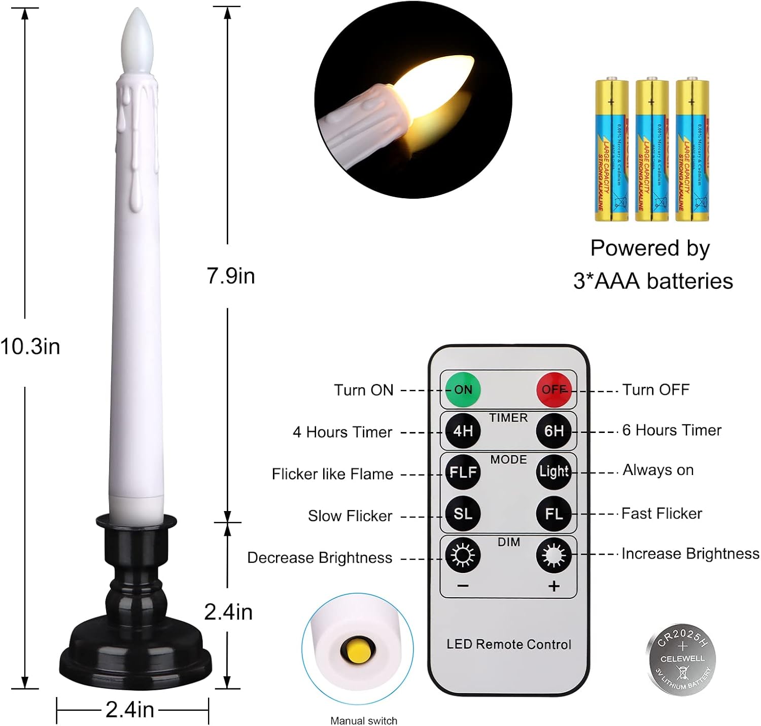 LED Battery Operated Window Candle with Remote & Timer Flickering Warm Light Christmas Flameless Taper Candles for Party Holiday Wedding Home Table Decoration (Pack of 6,White+Black Holder(A))… - Image 6