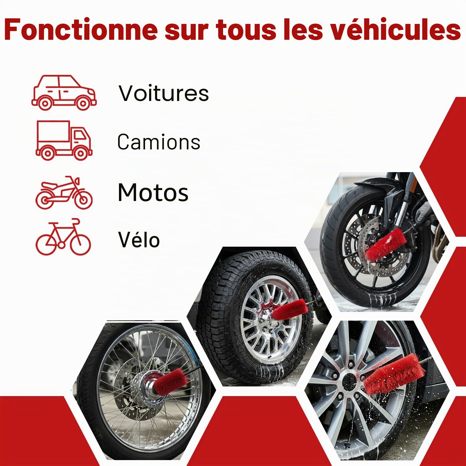 EZ Detail Brush Big – Rouge – Nettoyant pour Jantes de Voiture, vélo, Camion, Moto et Autres véhicules – Outil de Nettoyage Automobile Anti-Rayures pour Atteindre Facilement Les Coins et recoins