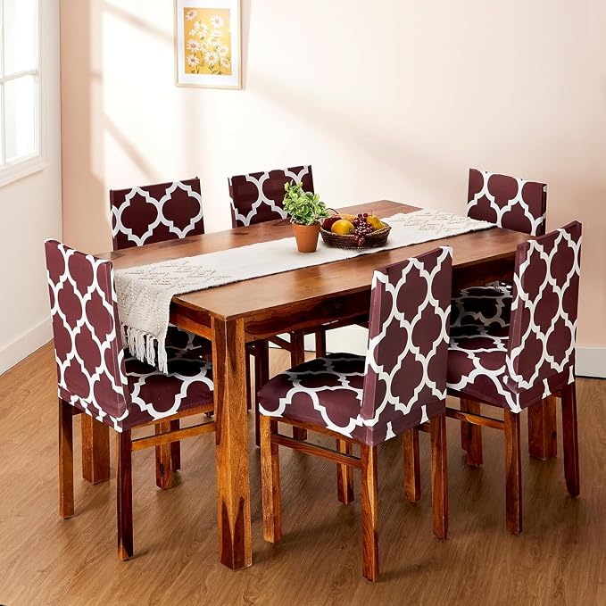 Amazon Brand - Solimo Polyester Spandex Geometrical Dining Chair Cover, Stretchable & Washable Slipcover, Brown (Set of 6)