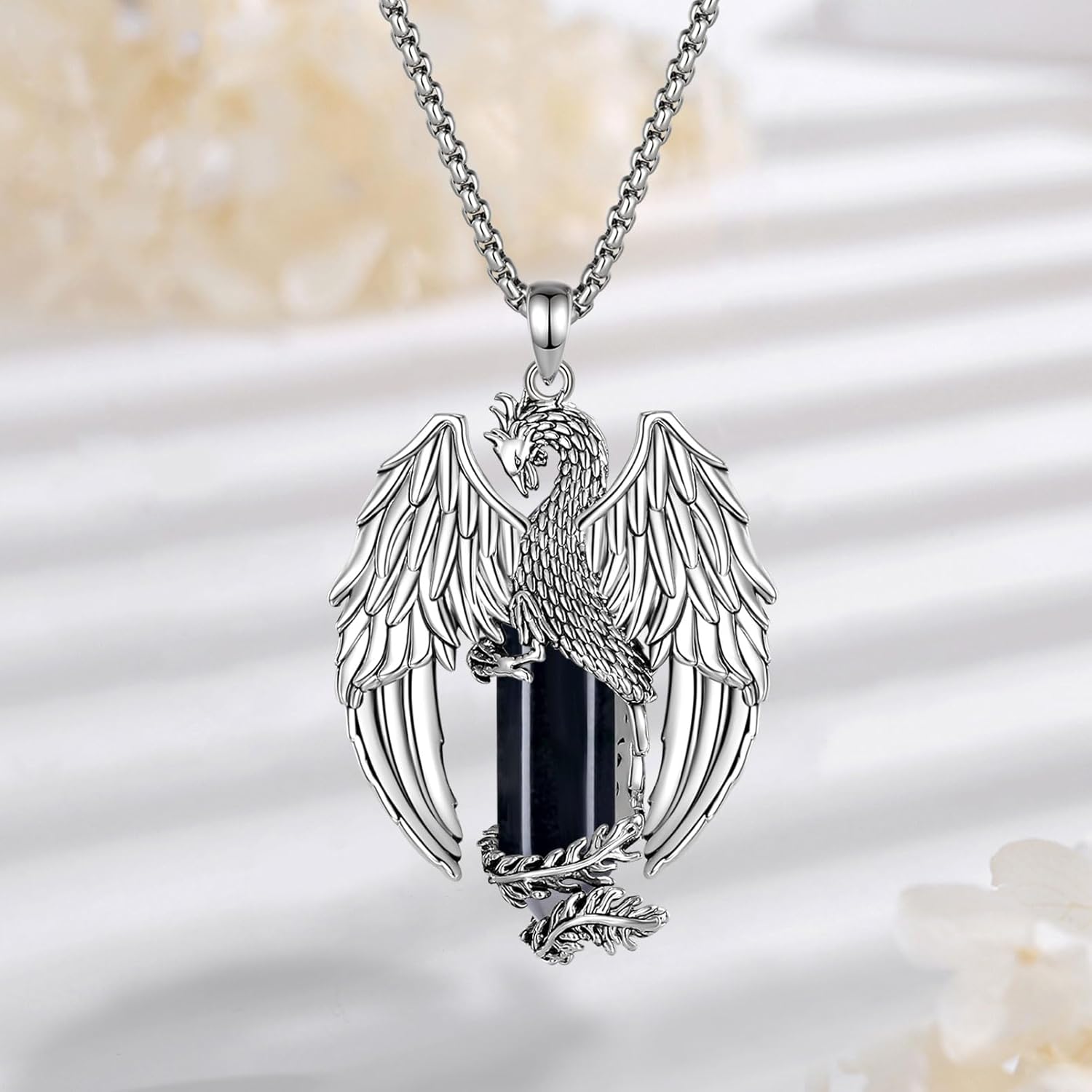 EUDORA Phoenix Necklace with Crystal for Women Men Silver Plated Copper, Vintage Viking Celtic Flaming Phenix Pendant Amulet Crystal Jewelry Gifts for Women Men,20"+2" - Image 8