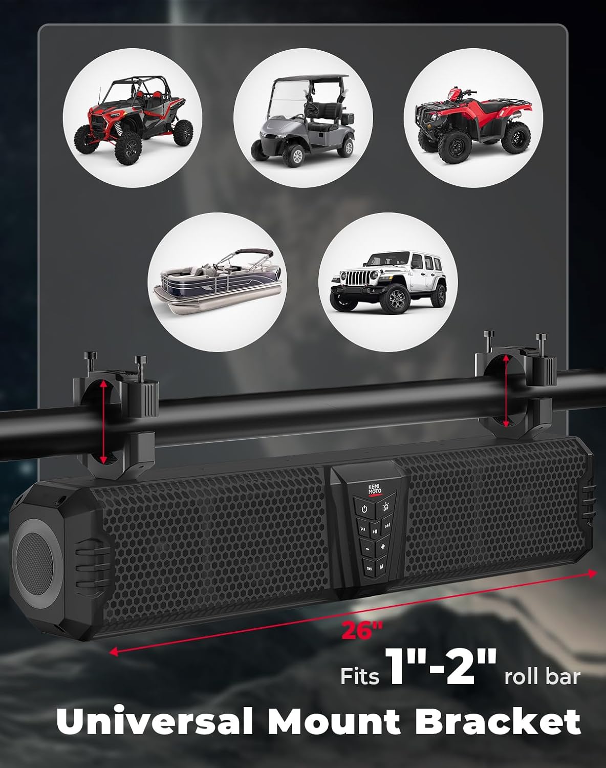 KEMIMOTO Midnight 60 26-inch UTV Sound Bar Waterproof IP66, 65Hz Deep Bass, APP Control Multicolor Lights, Metal-Built Soundbar Bluetooth for ATV Golf Cart Marine Boat fits 1-2 Roll Bar