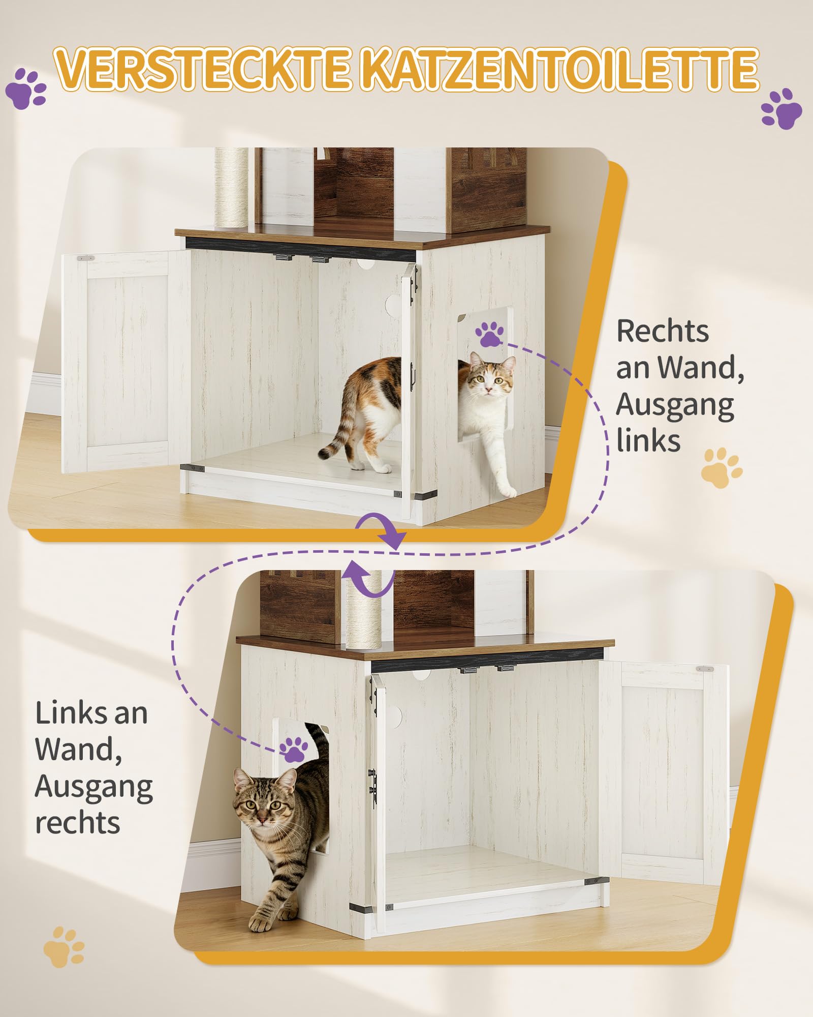 Hzuaneri Katzenbaum mit Katzenschrank, 145 cm Hoch, Braun-Weiß | Kratzbaum, Zwei Große Plattformen, Sisalsäule, Katzenkorb, Katzenhaus, Waschbares Kissen, Plüschbälle, CB89214WT