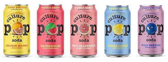 Culture Pop Sparkling Probiotic Soda 5 Flavor Variety Pack 40 Calories per can, Vegan, Non-GMO | 12 Fl Oz Cans Pack of 10