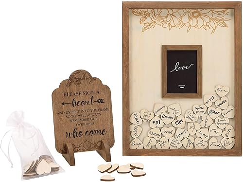 NIKKY HOME Libro de invitados de boda alternativo con 60 corazones de madera, marco de fotos de 3.5 x 5 pulgadas, decoración rústica de boda para