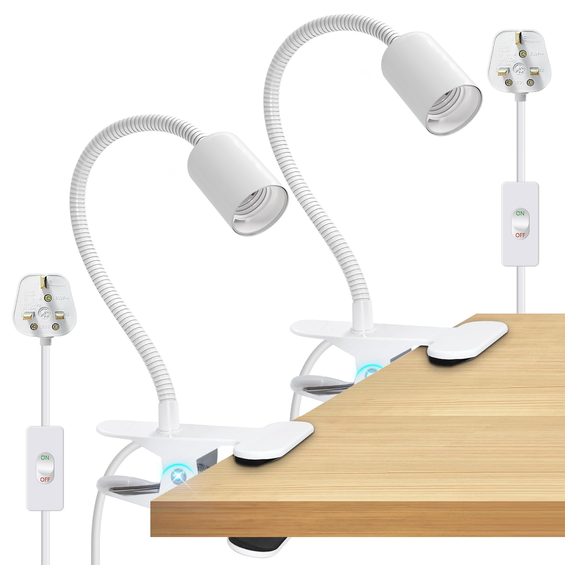 Clip on E27 Bulb Holder, 2PCS Clamp on Light, White Clip Lights with Metal Clamp, 7.2Ft Cable Table Lamp