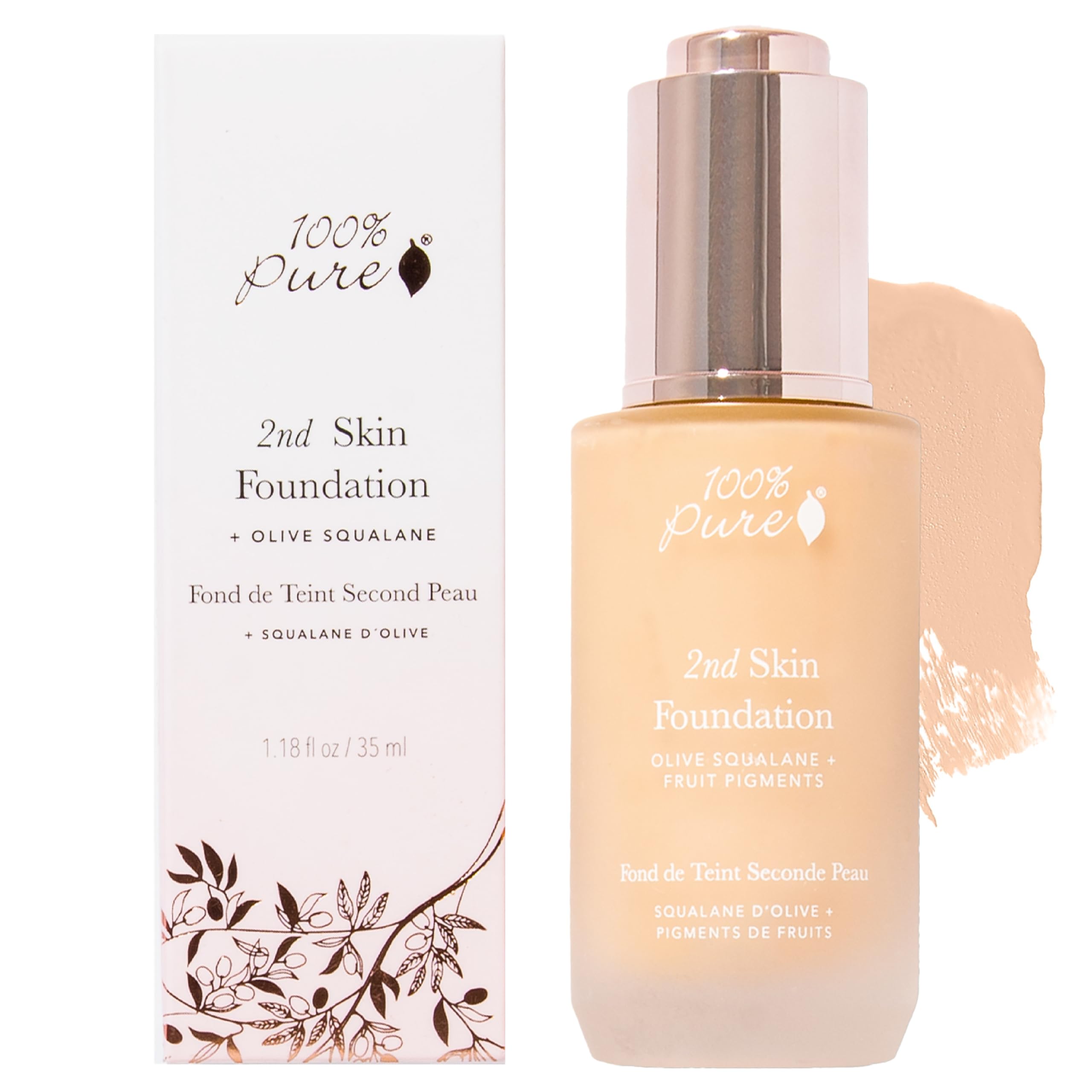 100% PURE 2nd Skin Lightweight Serum Foundation Anti-Aging Face Makeup - Blendable Coverage Liquid Hydration Boost for Soft Plumped Up Glow, Vegan Shade 5 (Neutral w/Peachy Undertone) - 1.18 Fl Oz