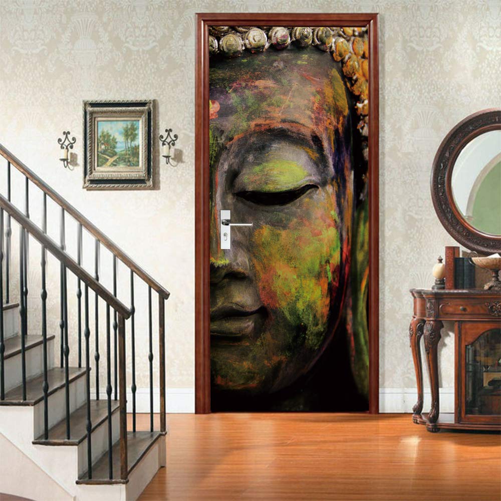 Sticker Porte 3D Trompe-l’œil Bouddha – Autocollant Mural Vinyle Amovible – Décoration Zen Chambre Salon Salle De Bain – Format 93x205 Cm – Effet Réaliste Bouddha Méditation