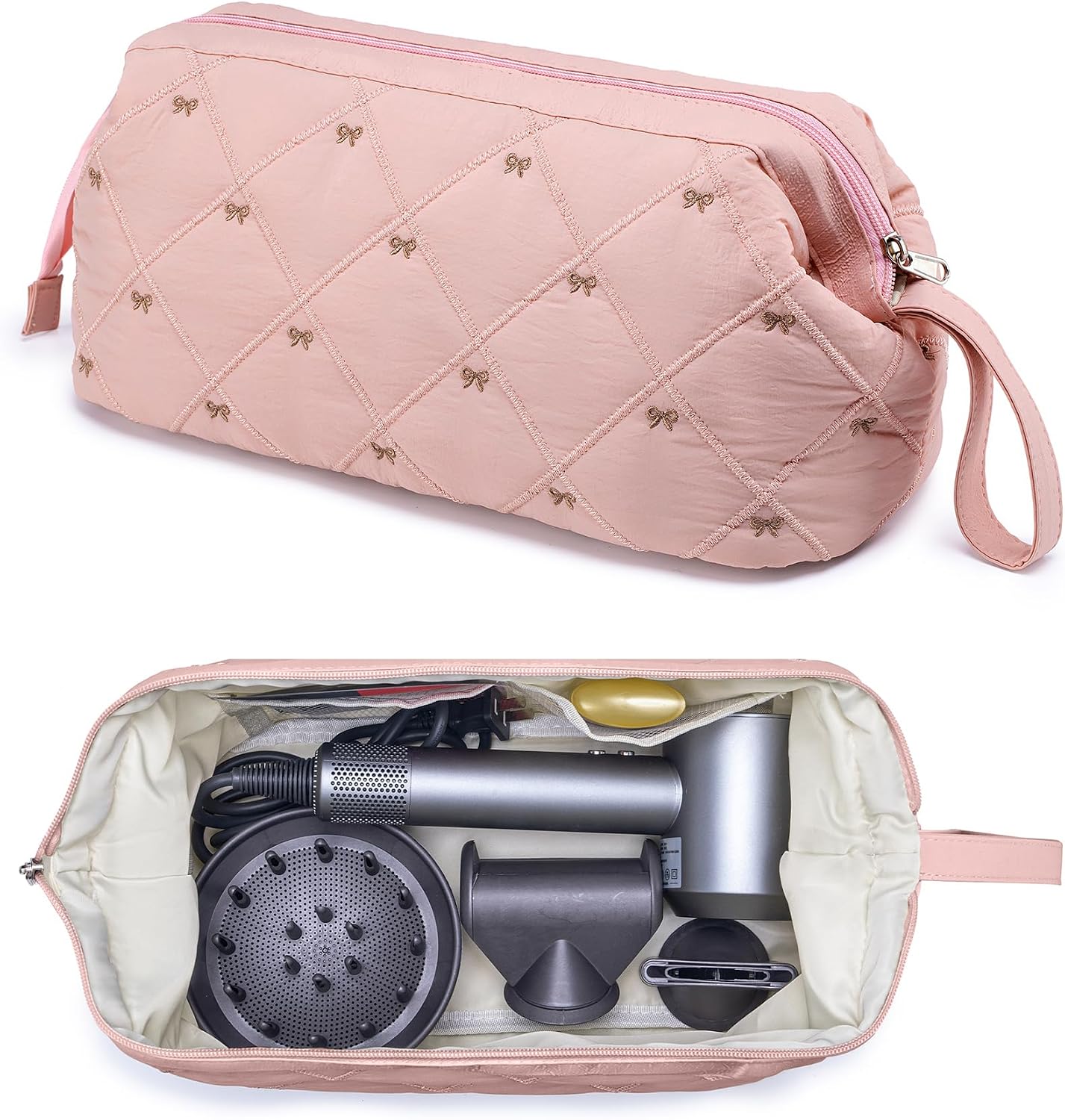 Hair Tools Organizer Bag Large Quilted Cosmetics Toiletry Soft Portable Carrying Case for Shark Hair Dryer Hair Air Wrap Dryer Case for Women Girls Mothers Day Gifts (Pink)