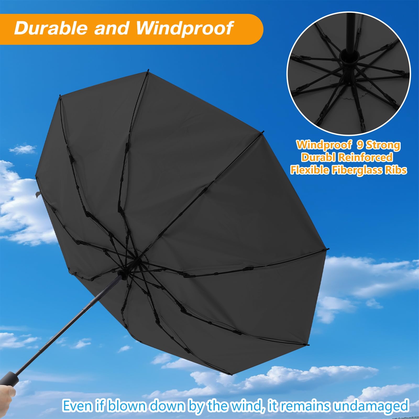 Sombrilla de viaje con protección solar UPF 50+ para protección solar, protección UV para caminar (negro) 6