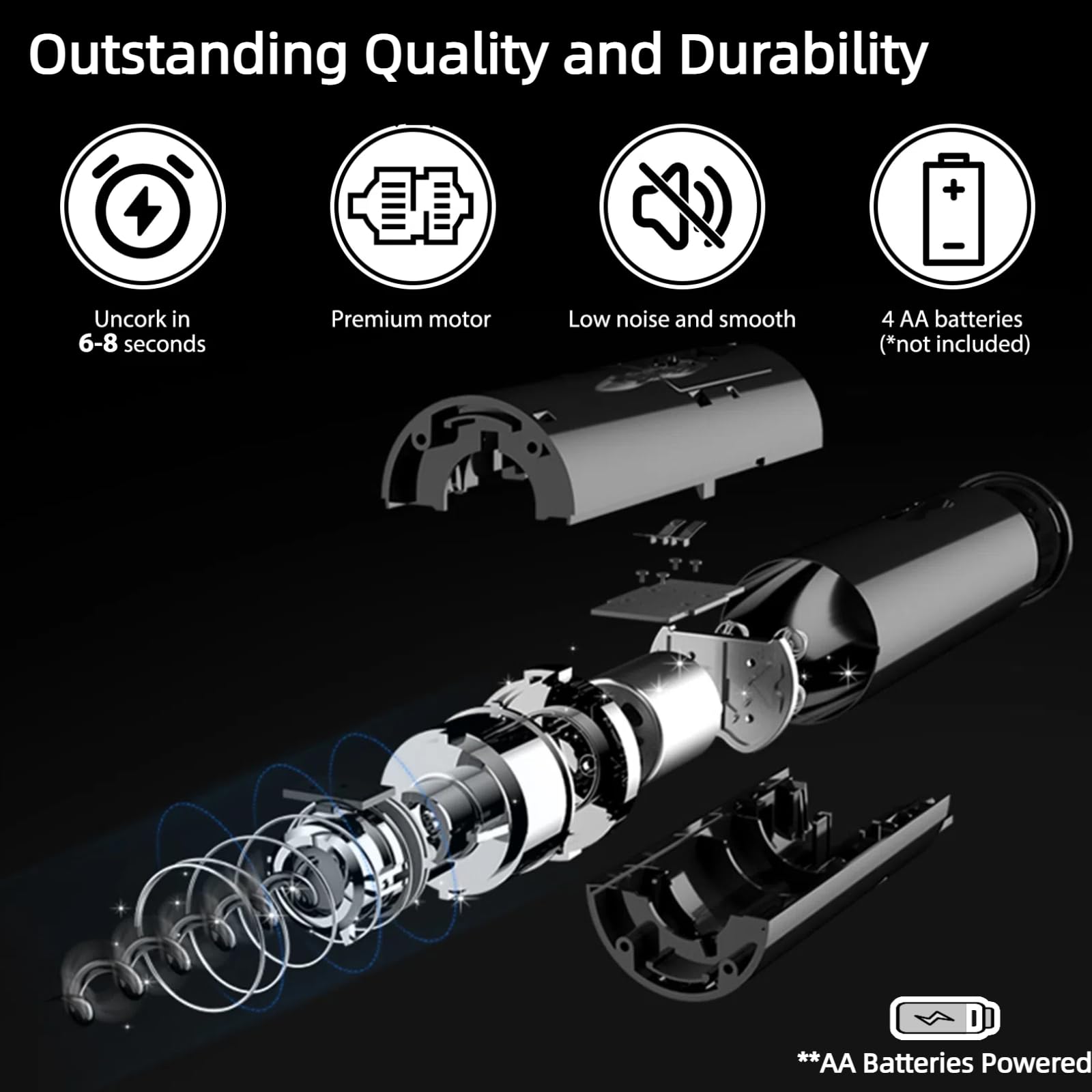 Saraudy AA Battery-Powered Electric Wine Opener With 2 Vacuum Stoppers, Foil Cutter, Corkscrew - Ideal Present for Party, Wine Lovers