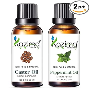 KAZIMA Combo of Castor Carrier Oil and Peppermint Essential Oil - 100% Pure & Natural Oil for Moisturizing Scalp, Dandruff Control, Skin Moisturizing, & Hair Growth, 15 ml each