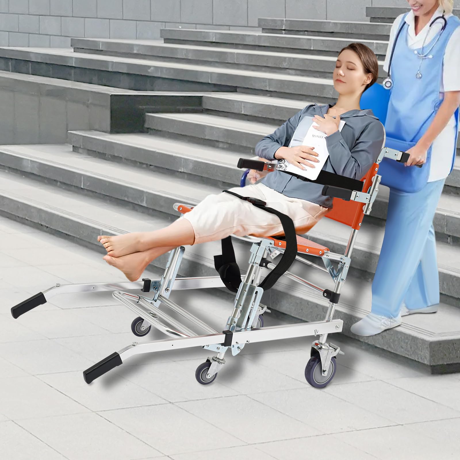 Silla de escalera plegable, capacidad de carga de 159 kg, silla de ruedas plegable de emergencia de aleación de aluminio con 4 ruedas, elevador de escaleras portátil para personas mayores y