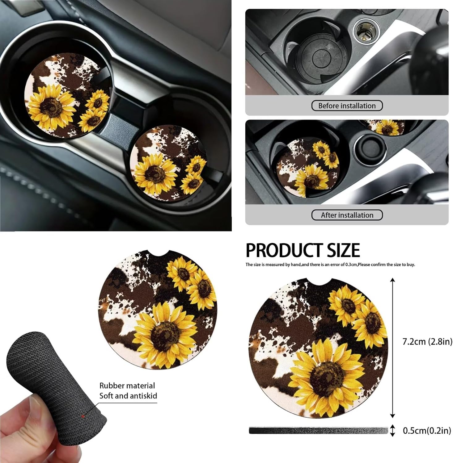 Wanyint Sunflower Brown Cow Print 15 PCS Car Seat Cover Full Set, with Steering Wheel Cover Seat Belt Pad Cover Trash Bin Rear View Mirror Cover Cup Holders Keychain Air Vent Storage Holder Car Decor