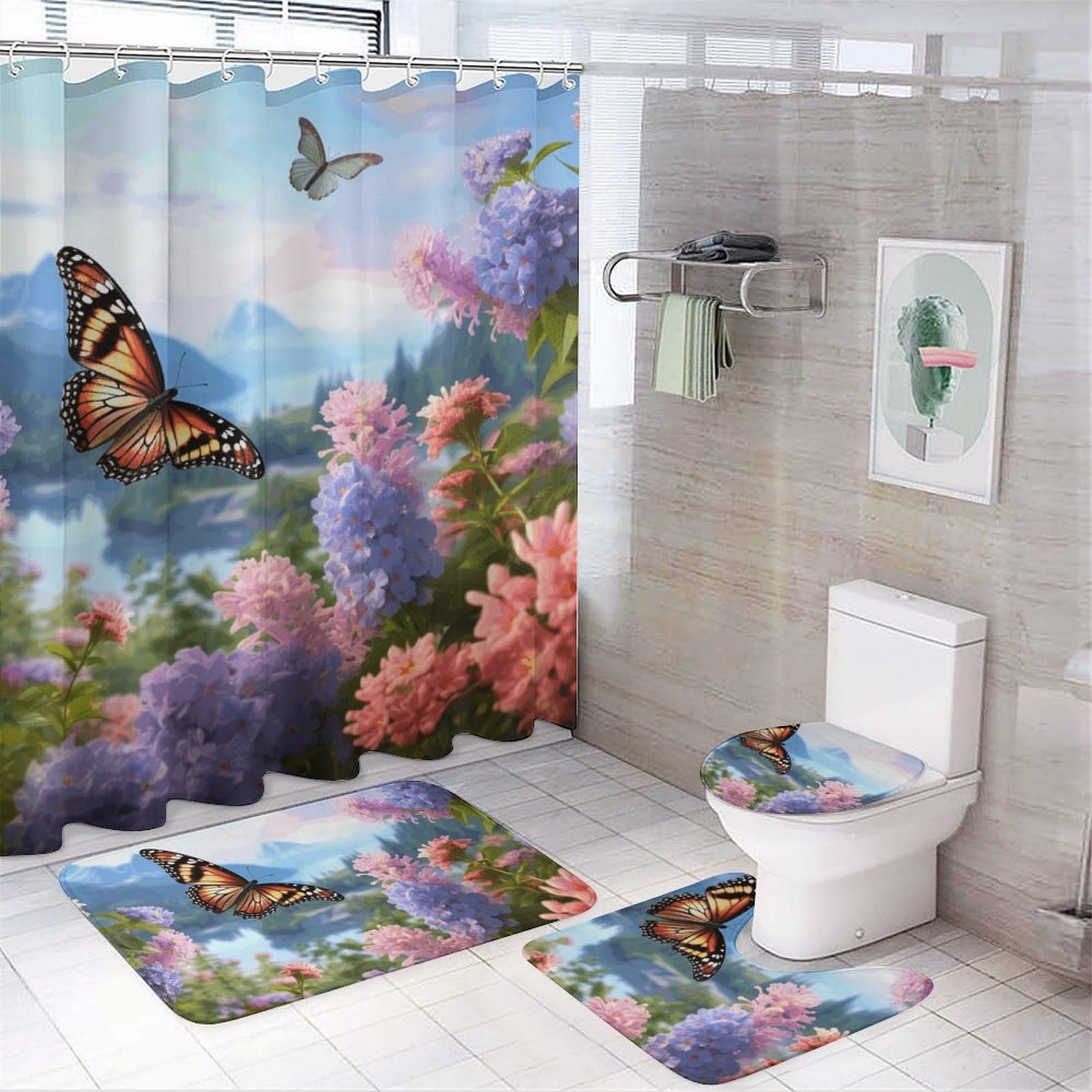 Rideau de douche imperméable avec tapis de bain antidérapant jardin papillon anti-éclaboussures