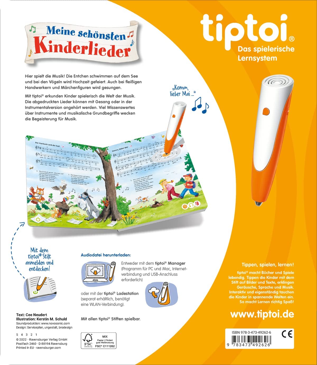 tiptoi Zestaw Ravensburger: Meine schönsten Kinder Lieder (książka dla dzieci, śpiewnik) + długopis 00110, zabawka edukacyjna dla dzieci