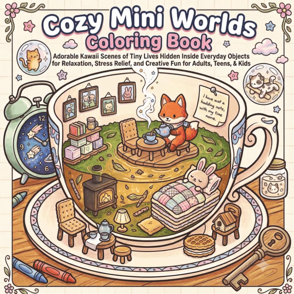 Cozy Mini Worlds: Adorable Kawaii Scenes of Tiny Lives Hidden Inside Everyday Objects for Relaxation, Stress Relief, and Creative Fun for Adults, Teens, & Kids