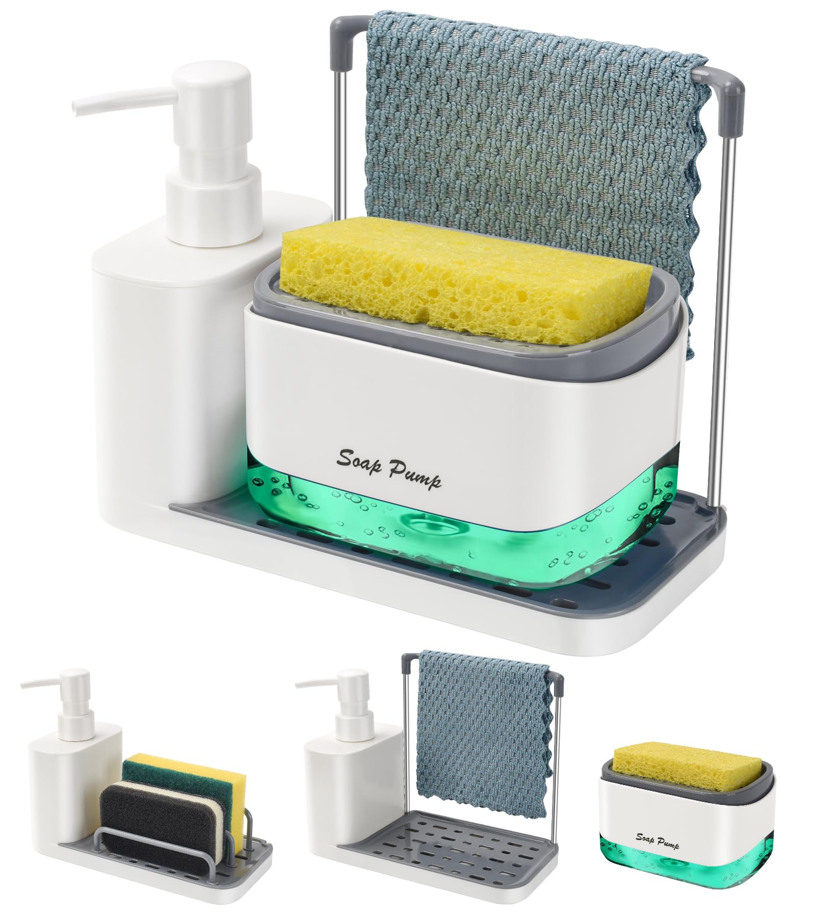 Hand and Dish Soap Dispenser Set with Tray, Dual Soap Dispenser with Sponge Holder and Dishcloth Holder 5-in-1 Organizer for Kitchen Sink Countertop Storage Organize - Useful Kitchen Gadgets (White)