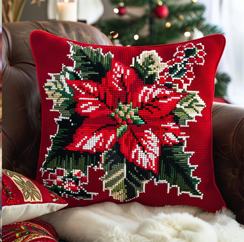 Kitphoenix Latch Hook Embroidery Kits Latch Hook Kit Poinsettia Sofa Cushion Cover 43Cmx43cm Diy Latch Hook Kits Yarn Kits Pillow Rug Pattern Arts And Crafts Crochet Needlework