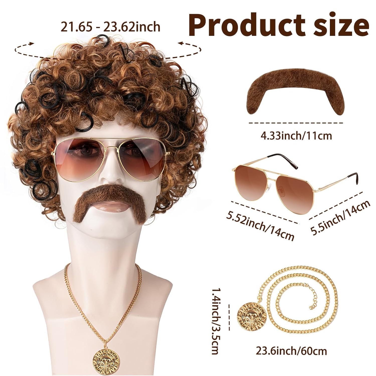 5pcs Disco Costume Set with 70s 80s Disco Wigs, Glasses, Moustache, Chain Necklace & Wig Cap, Short Curly Hair Afro Mens Wig for Retro Dance Parties, Halloween(Blonde Mixed Brown) - Image 3