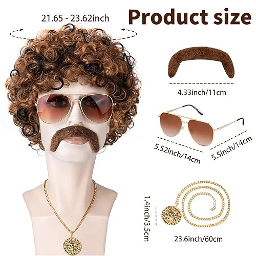 Miniatura 3 de 5 pelucas rizadas para hombre, peluca afro disco de los años 70 y 80, disfraz de rock, barba marrón, lentes de discoteca, collar para hombres o