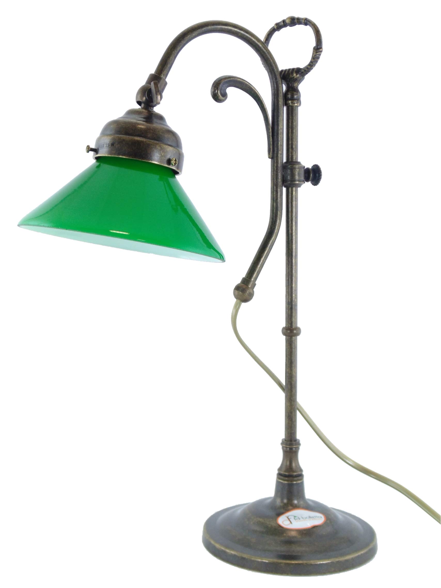 Lampada ottone vintage da tavolo,scrivania,illuminazione per interni con paralume vetro verde sc21 Misure:H 42cm,larghezza 29,5cm,Ø vetro15cm,Ø base14cm