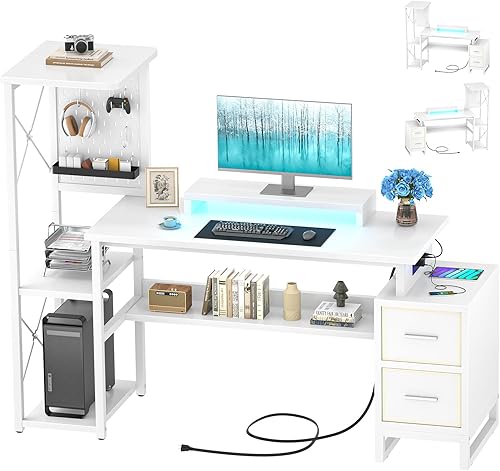 Escritorio para computadora con 2 cajones de tela, escritorio reversible de oficina en casa con toma de corriente y luces LED, escritorio de 53