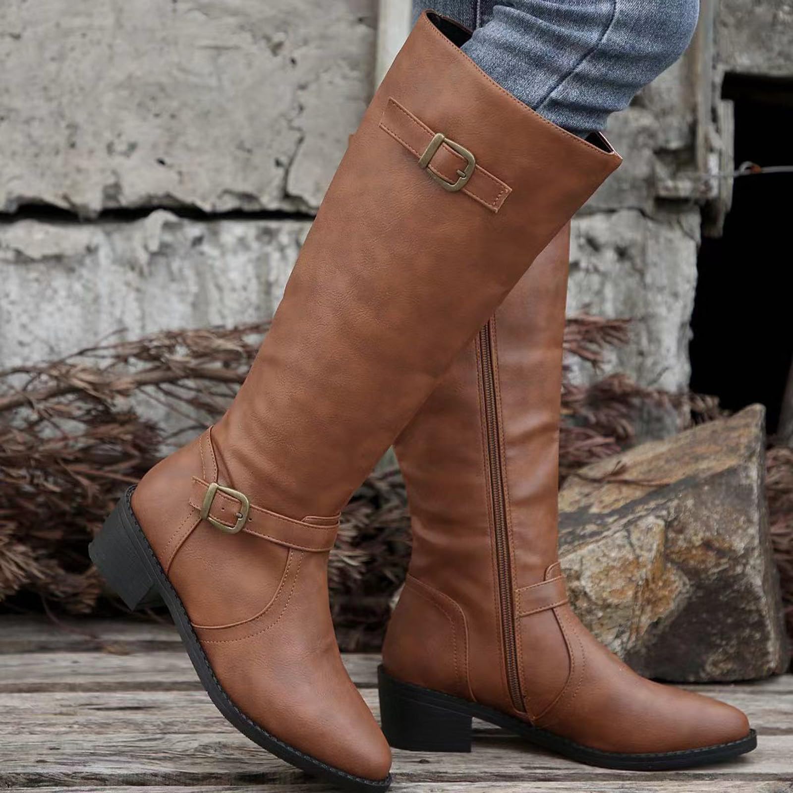 Botas de Invierno Mujer Botas Altas hasta la Rodilla de Moda con Hebilla Decorativa y Cremallera Lateral. Diseño Elegante y Estilo inglés para un Look Moderno.