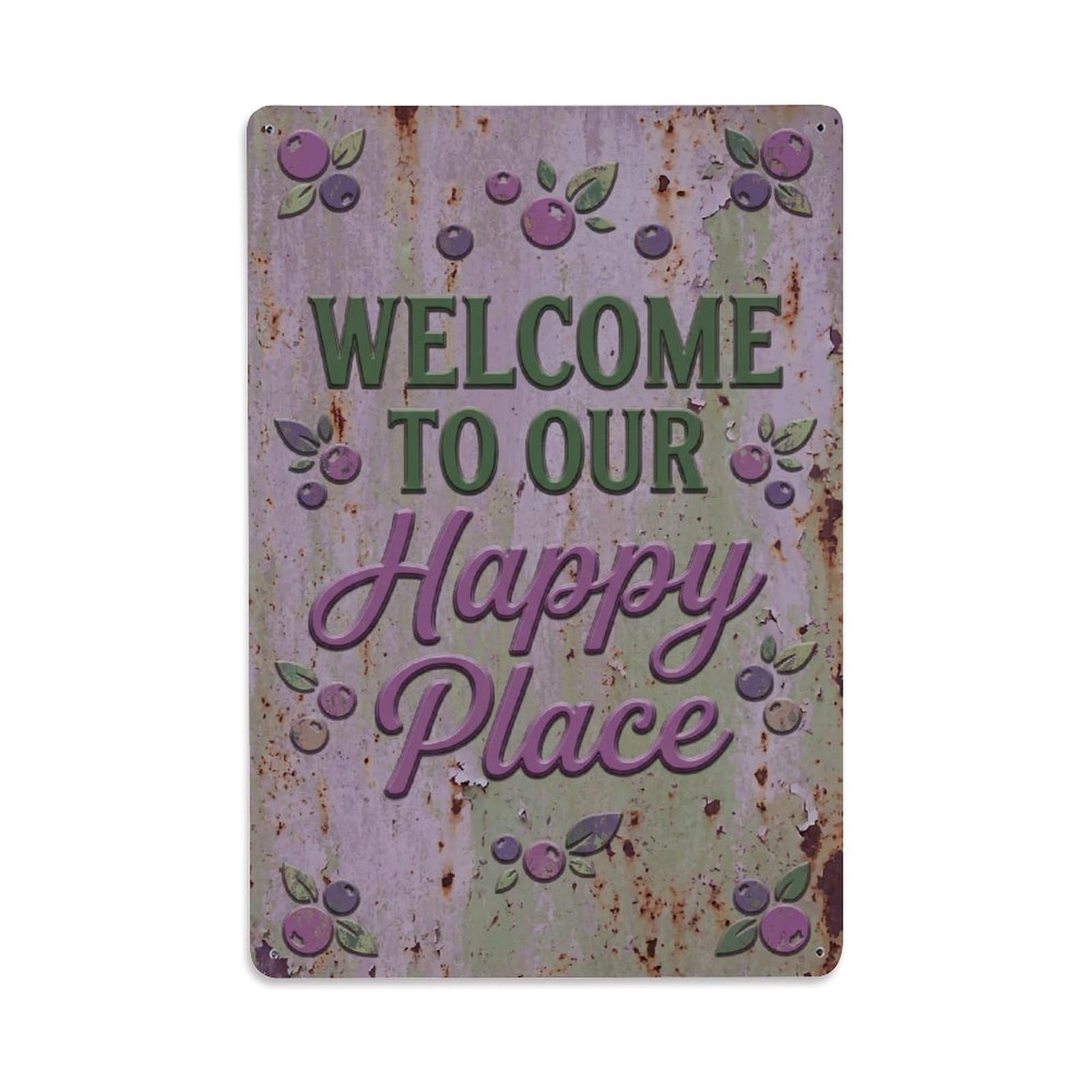 Welcome To Our Happy Place Sunberry Garden Metal Tin Sign Plaque Wall Decor for Cafe, Club Bar, Office, Home Garden Metal Poster 8x12Inch