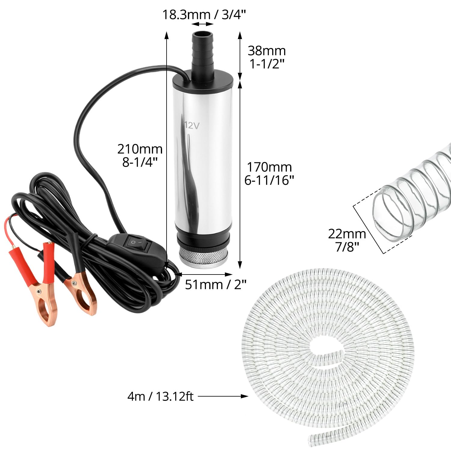 QWORK® 12 V 51 MM, pompa wody z klipsem, stal nierdzewna, przewód zasilający 3 m + wąż 4 m, do oleju napędowego, nafty, wody