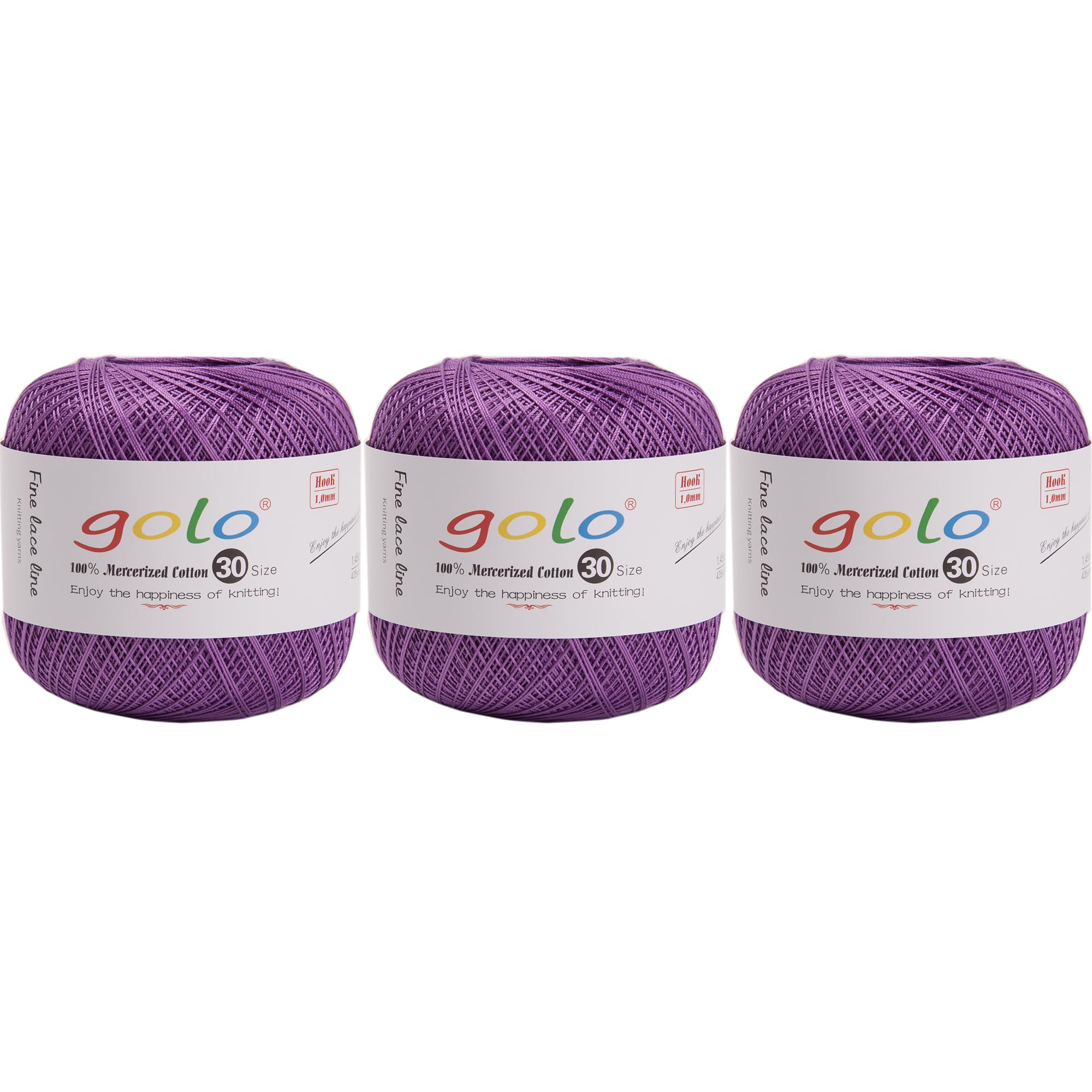 golo 3 Balls Crochet Thread Size 30 Yarn for Hand Knitting, 000-553 Purple