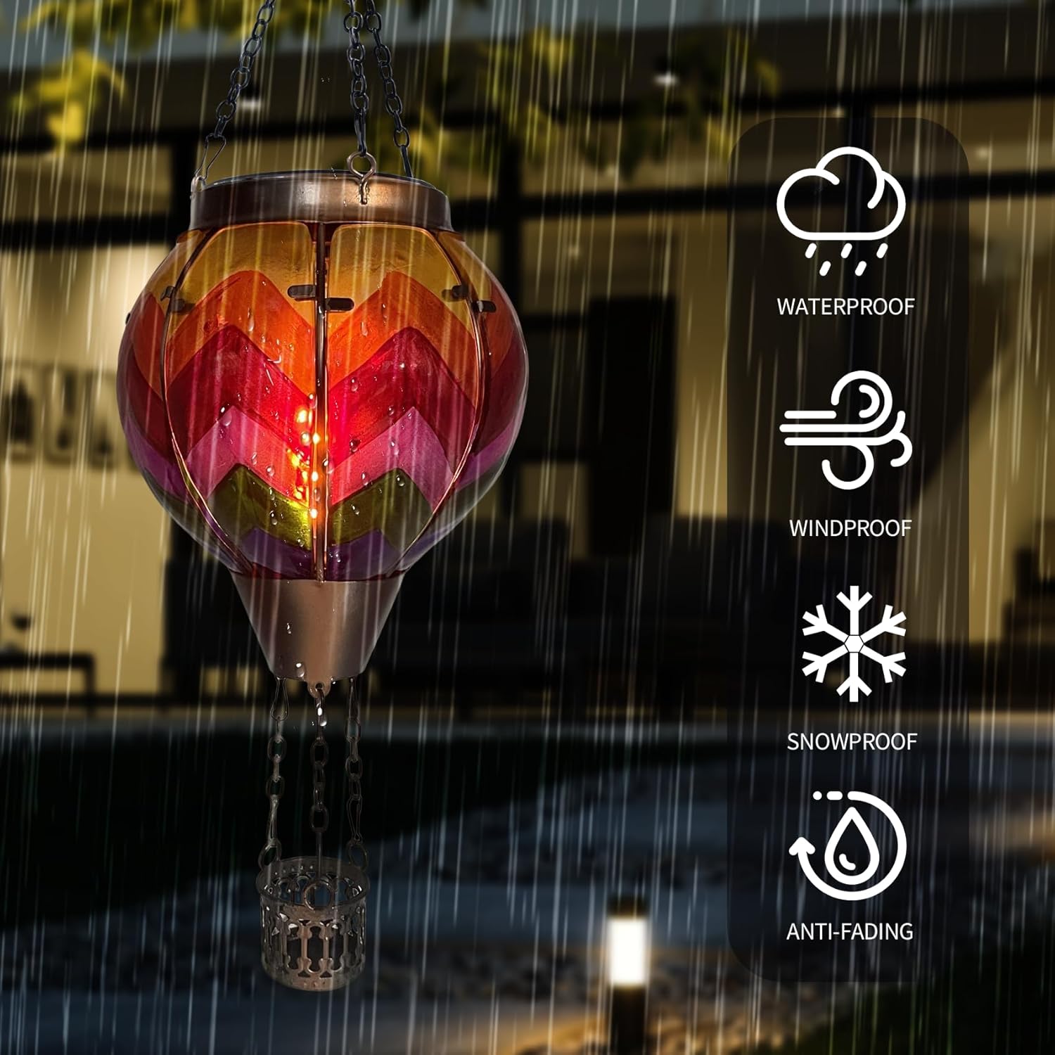 Hot Air Balloon Solar Lantern with Flickering Flame Light Glass Hanging Solar Lanterns Outdoor Waterproof for Garden Tree Yard Patio Party Decor, Color-Wave