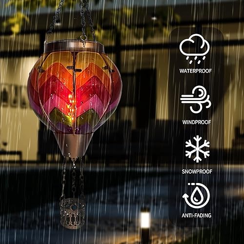 Miniatura 7 de OUISJYER Linterna solar de globo de aire caliente con luz de llama parpadeante de vidrio colgante faroles solares al aire libre impermeable para