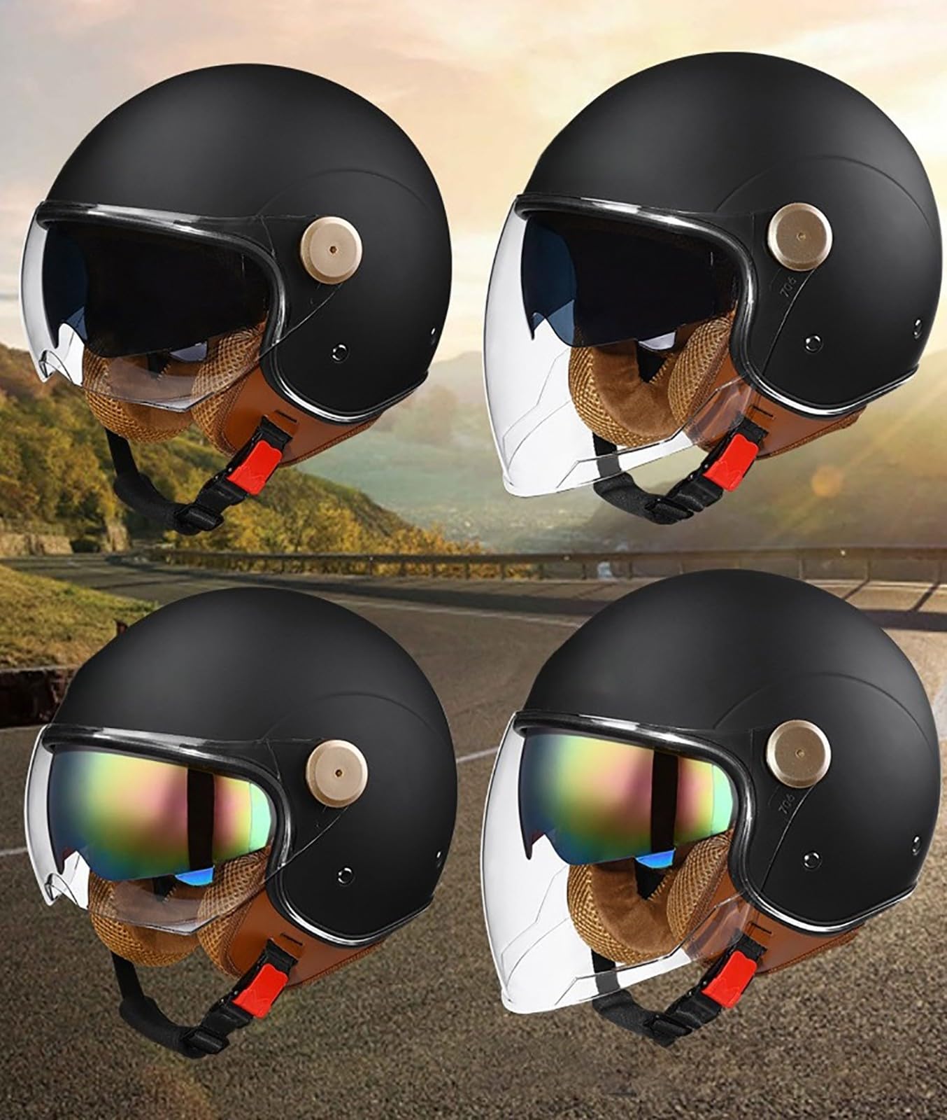 3/4 otwarty kask motocyklowy vintage z podwójną wizjerem, kask motocyklowy retro, na skuter ATV motorower Cruiser kask crashowy dla mężczyzn kobiet, homologacja ECE 2205
