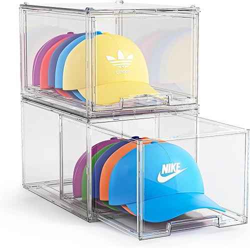 Organizador de sombreros para gorras de béisbol, 3 paquetes de almacenamiento de sombreros, caja de sombreros apilable, vitrina transparente para